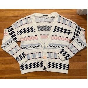 Vintage Basic Outlook Cardigan White Pink Blue Triangle Buttons Cotton Medium